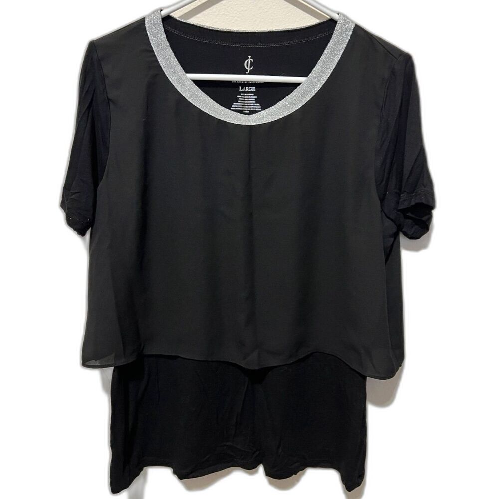 Juicy Couture Large Women's Blouse Black Silver Sparkle Layered Look